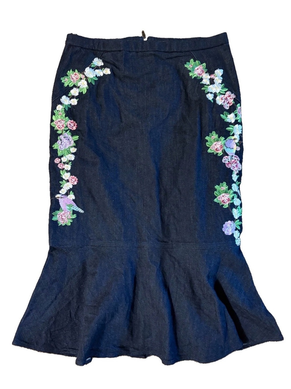 Elie Tahari Eavanna Denim Mermaid Midi Skirt Floral Embroidered Birds Medium M
